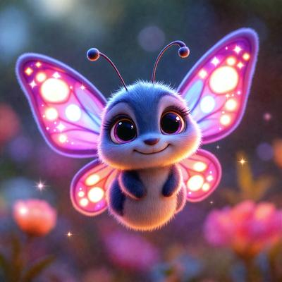 The primary subject of the image is a small, cute butterfly with a blue body and pink wings. It is sitting on a flower, surrounded by a field of pink flowers. The visual style of the image is digital art, with the butterfly and flowers appearing to be drawn or painted. The colors and mood of the image are bright, cheerful, and whimsical, with the blue butterfly and pink flowers creating a sense of warmth and happiness.